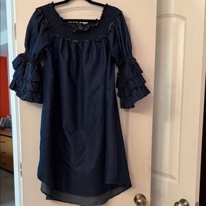 Eighty Eight Navy Smocked Square Neck Ruffle Sleeve Dress